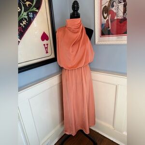 High Neck Sleeveless Draped Satin Midi Maxi Dress in Apricot Sz XL